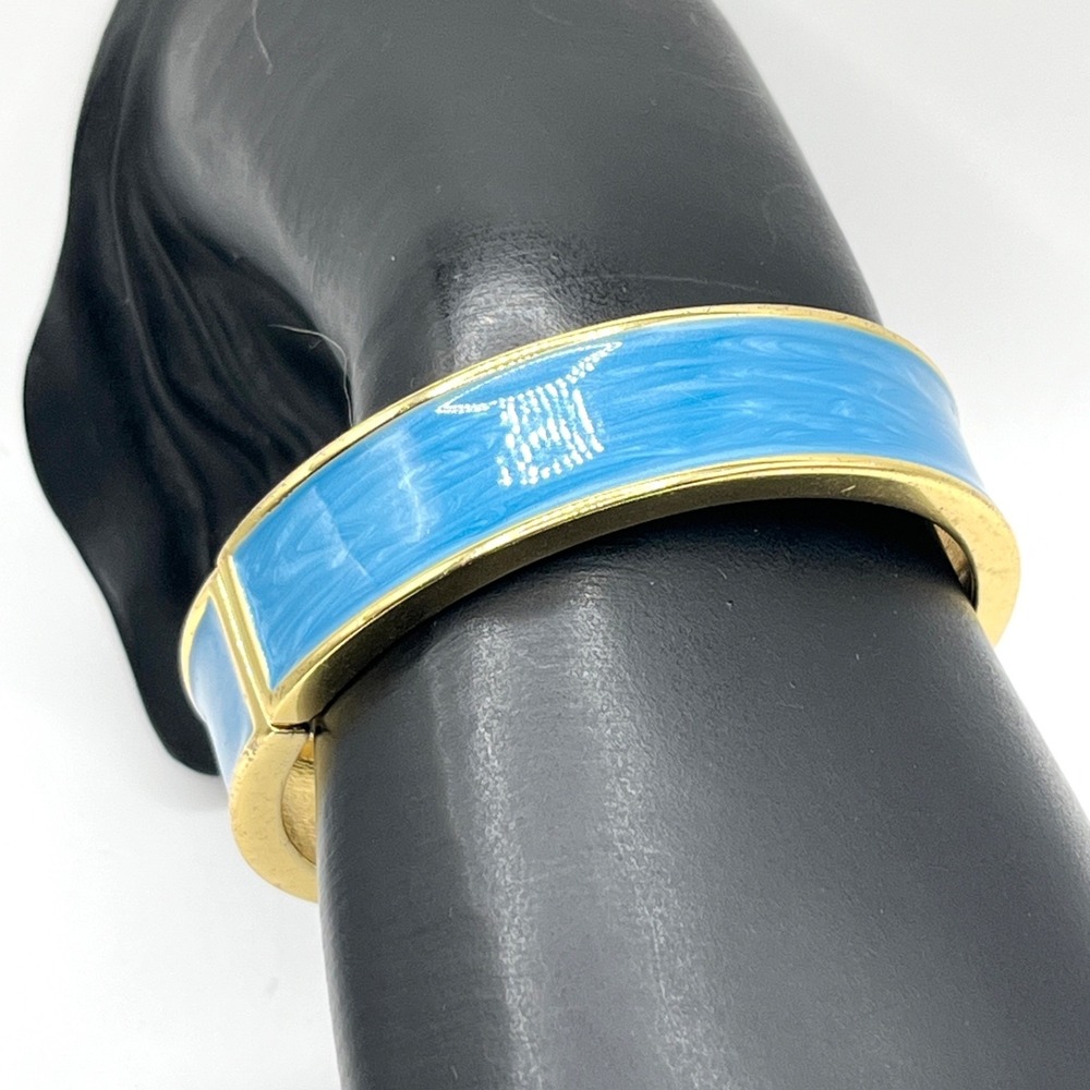 Vintage Blue Swirl Enamel & Gold Tone Clamper Hinged Bracelet 6.5"